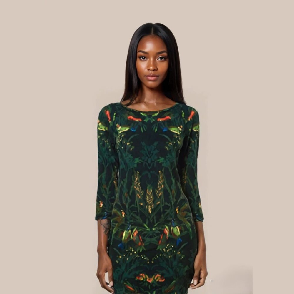 🌿 Rachel Roy Jungle Mystique Noir Midi Dress | Mesh Back